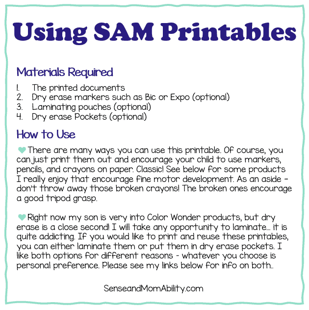 using SAM printables, materials required, how to use